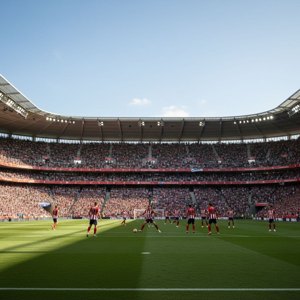 Wide-angle view of green football pitch in foreground, distant players in red-white jerseys, and packed spectator stands.