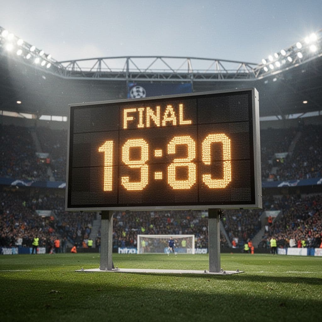 A bright digital stadium scoreboard displays a final match score of 5-2 under stadium floodlights.
