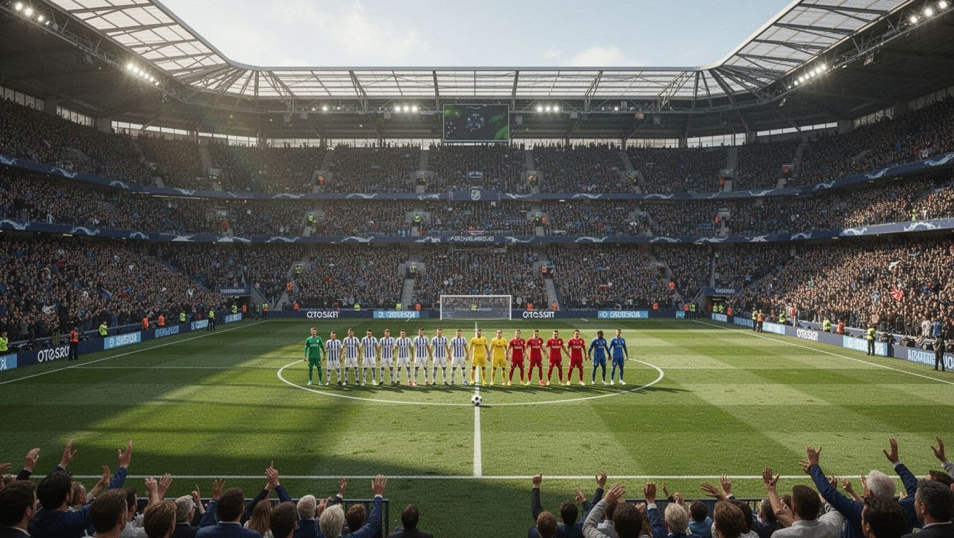 Two teams stand on opposite halves of a vibrant green pitch during a bright afternoon match. Thousands of excited spectators fill the grandstands surrounding the field as play is about to begin.