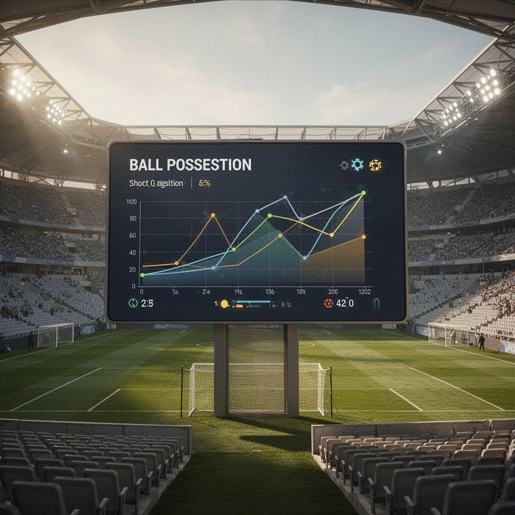 A large digital screen inside a stadium displays soccer match data including possession and shot statistics.