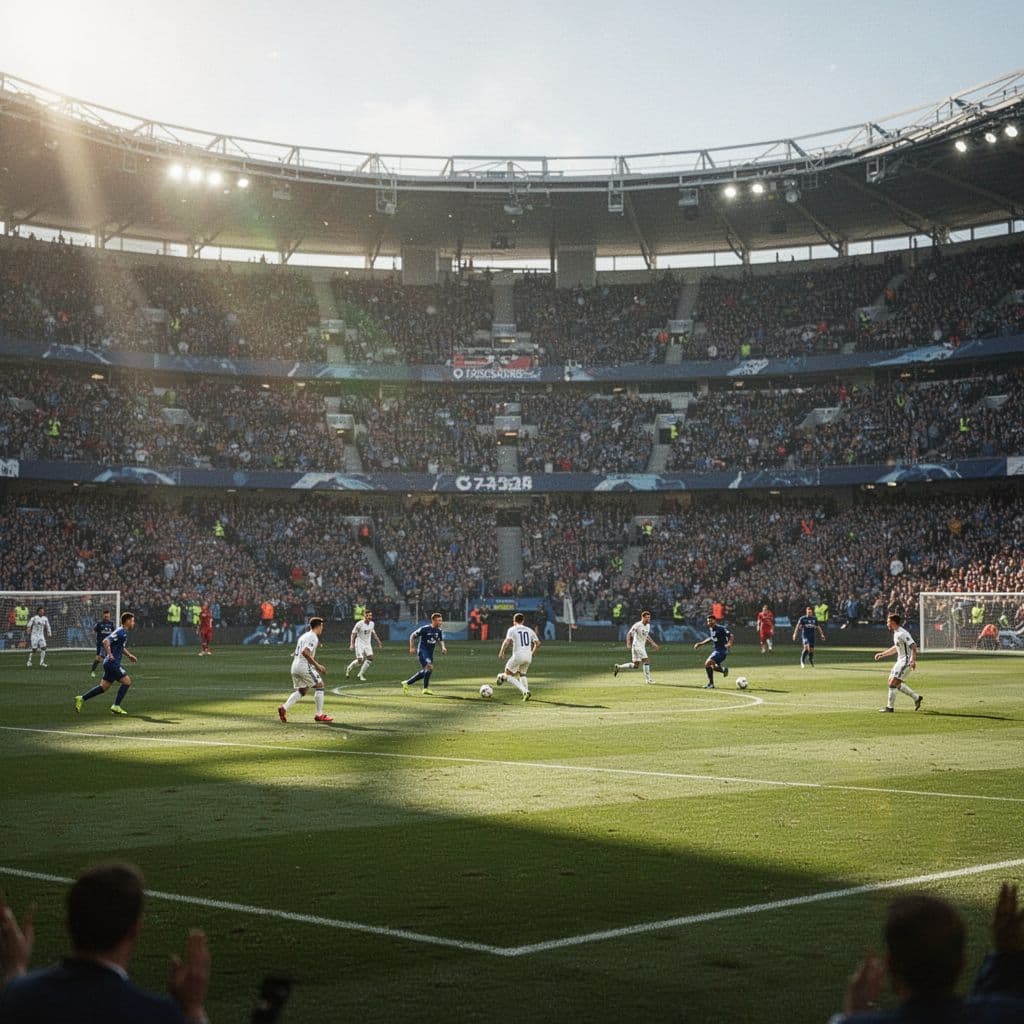 Wide shot of football stadium on sunny day with vibrant green pitch and blurred crowded stands.