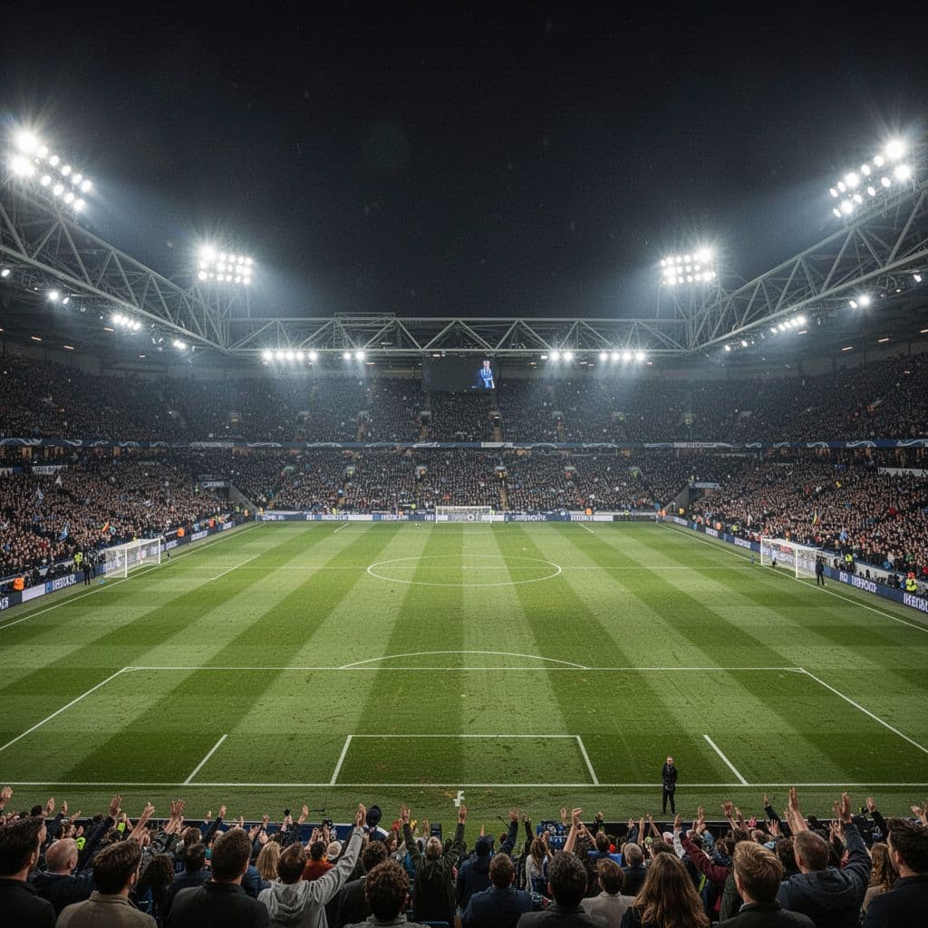 A wide-angle view of a brightly lit football stadium filled with cheering fans at night.