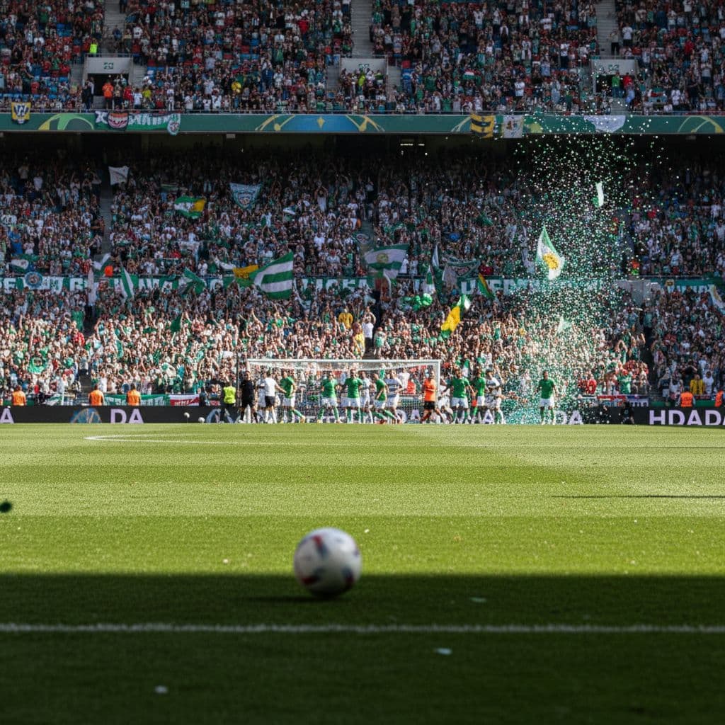 Low-angle view of grassy pitch in large daytime stadium.