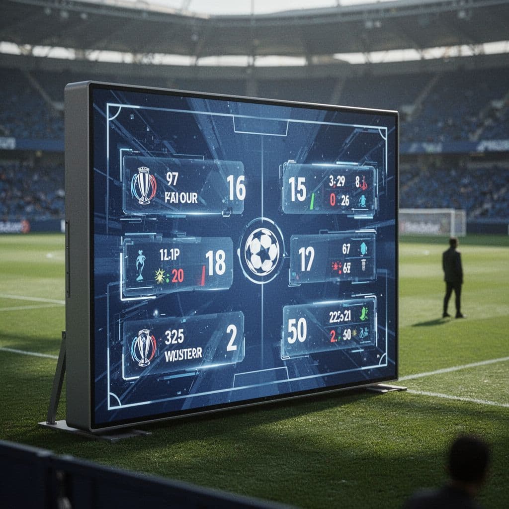 Close-up digital scoreboard shows match statistics in blue and white with blurred grass field behind.