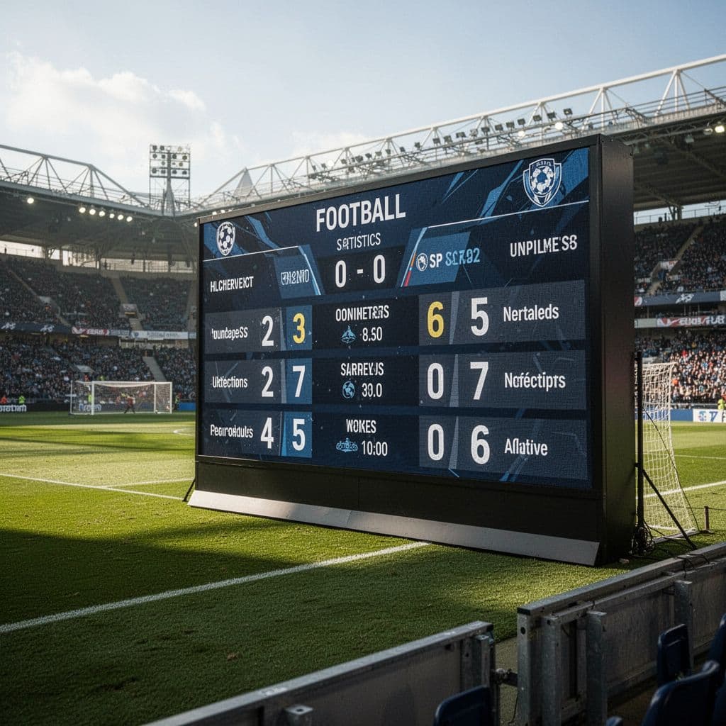 A clear view of a professional football pitch with an empty electronic scoreboard during daylight.
