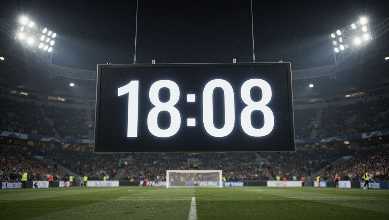 Digital scoreboard displays football match scores with blurred stadium background under bright night lights.