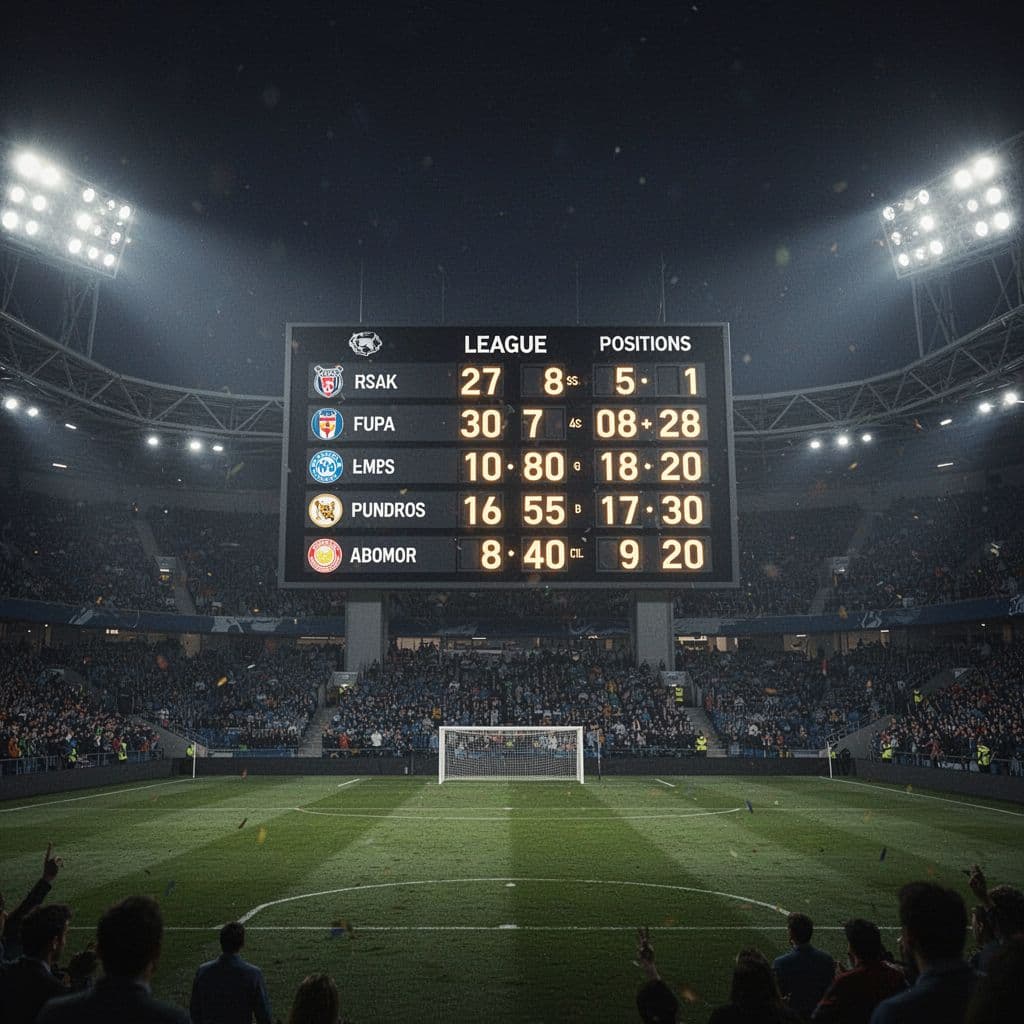 A glowing stadium scoreboard shows updated league standings during a night football match.