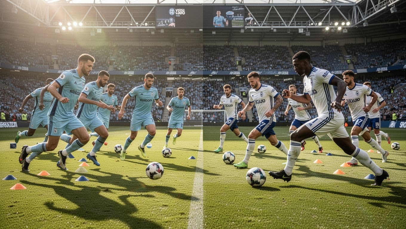 Players in light blue jerseys practice alongside teammates in white and blue kits on a sprawling green pitch. The bright afternoon sunlight casts soft shadows across the stadium grass during training.