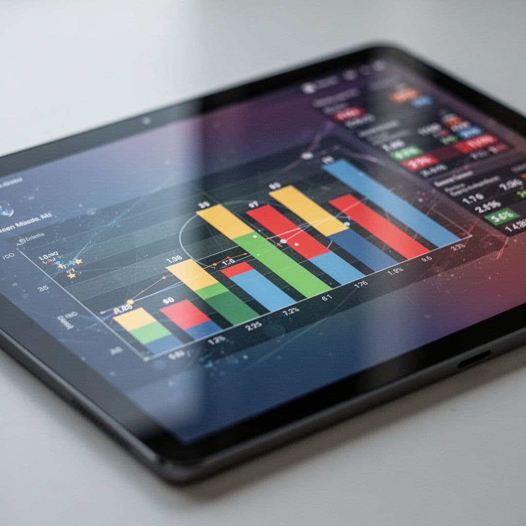 Close-up of digital tablet displaying abstract bar graphs of football match statistics.