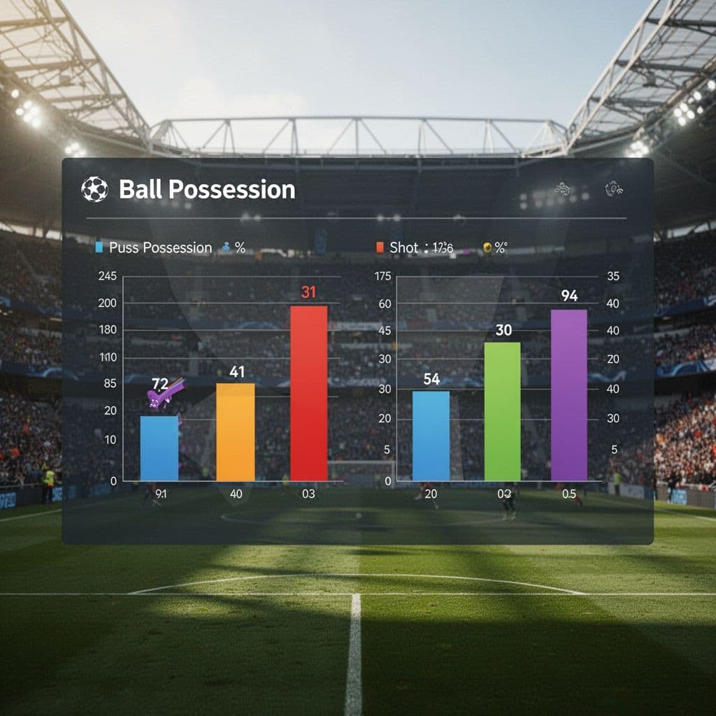 Screen displays bar charts for possession and shots with blurred stadium background.