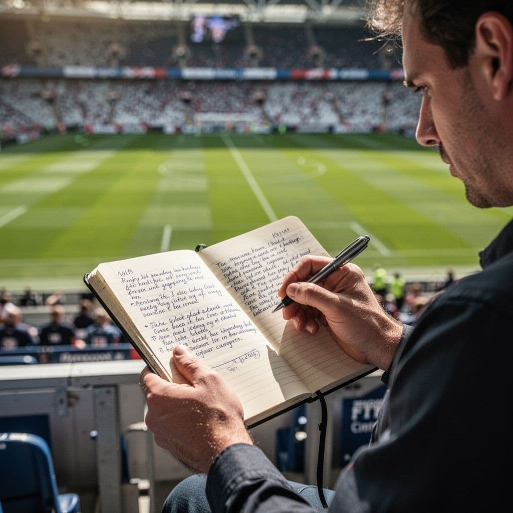 Close-up of person checking notebook with football performance statistics in stadium press area, blurred pitch background.