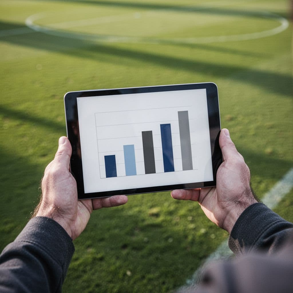 Close-up of hands holding tablet with simple bar charts of football statistics, blurred green pitch background.