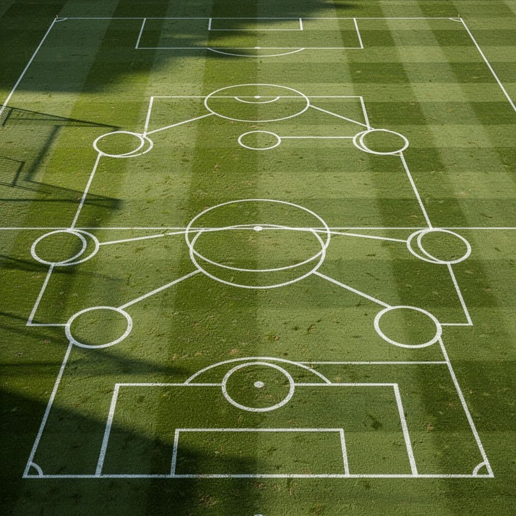 A professional tactical football board sits on a bright green grass pitch with white field markings.