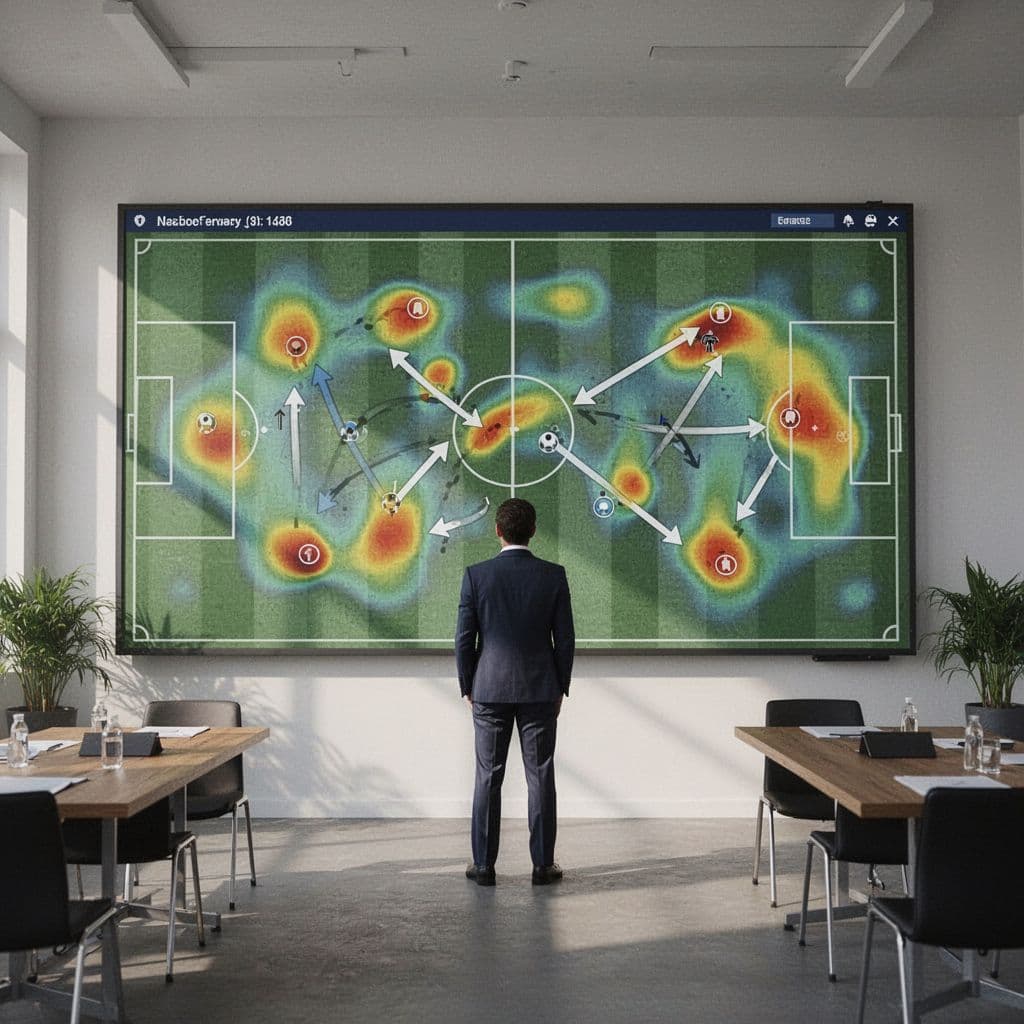 A person stands before a wall displaying detailed football statistics, heat maps, and player movement diagrams.