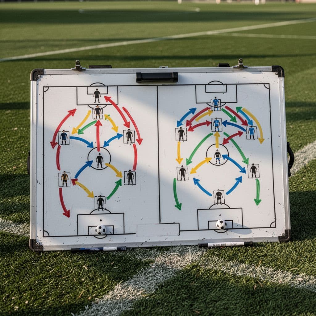 A close-up tactical whiteboard on a grass pitch illustrates team formations and strategic movement patterns.