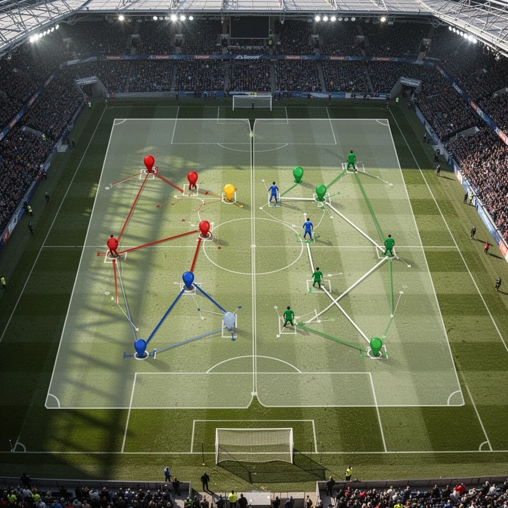 A digital sports broadcast board displaying strategic player positions on a football pitch.