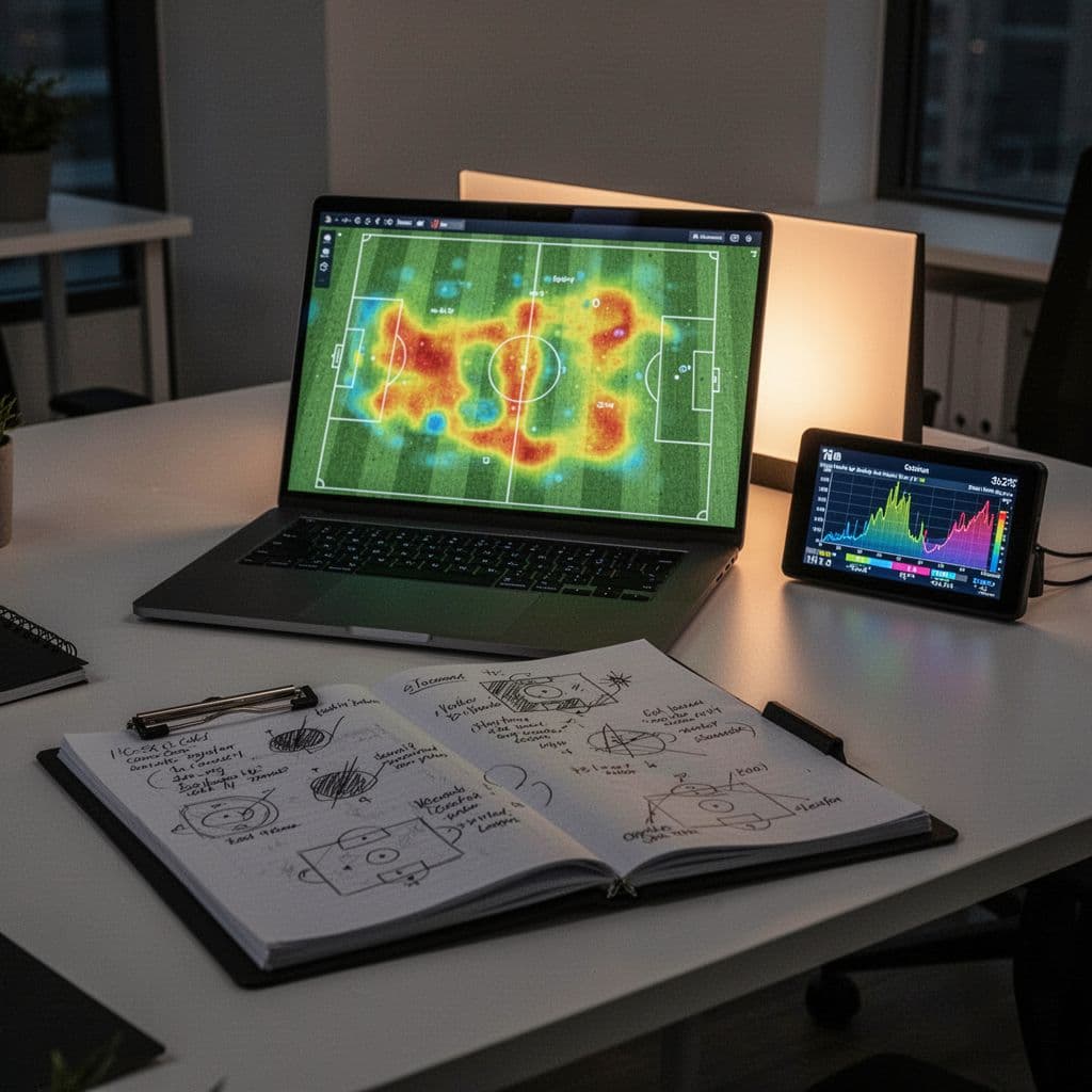 A dark wooden desk features a glowing digital heat map on a laptop screen alongside a clipboard covered in handwritten tactical sketches. A scoreboard displays team performance data under ambient lighting.