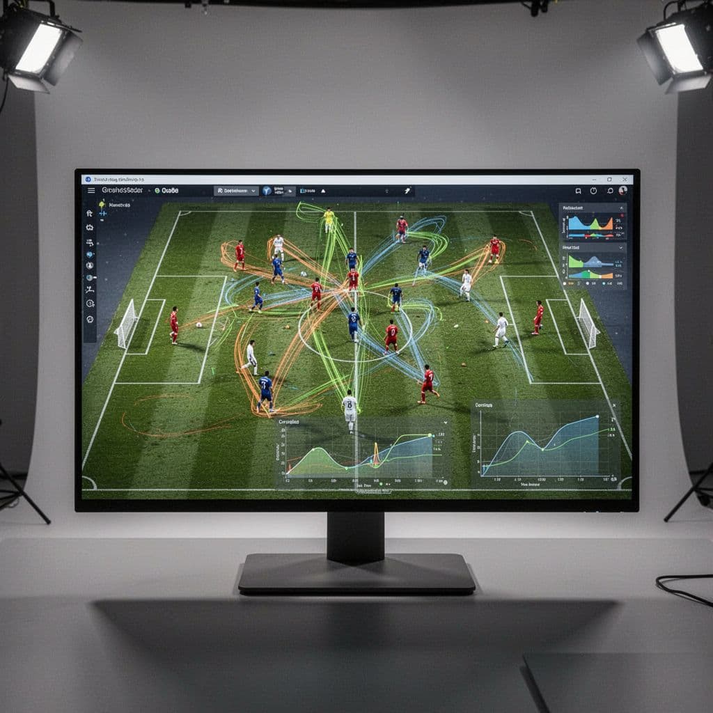 Screen shows graphs, player movement diagrams on pitch layout, and data charts in high-contrast clean design.