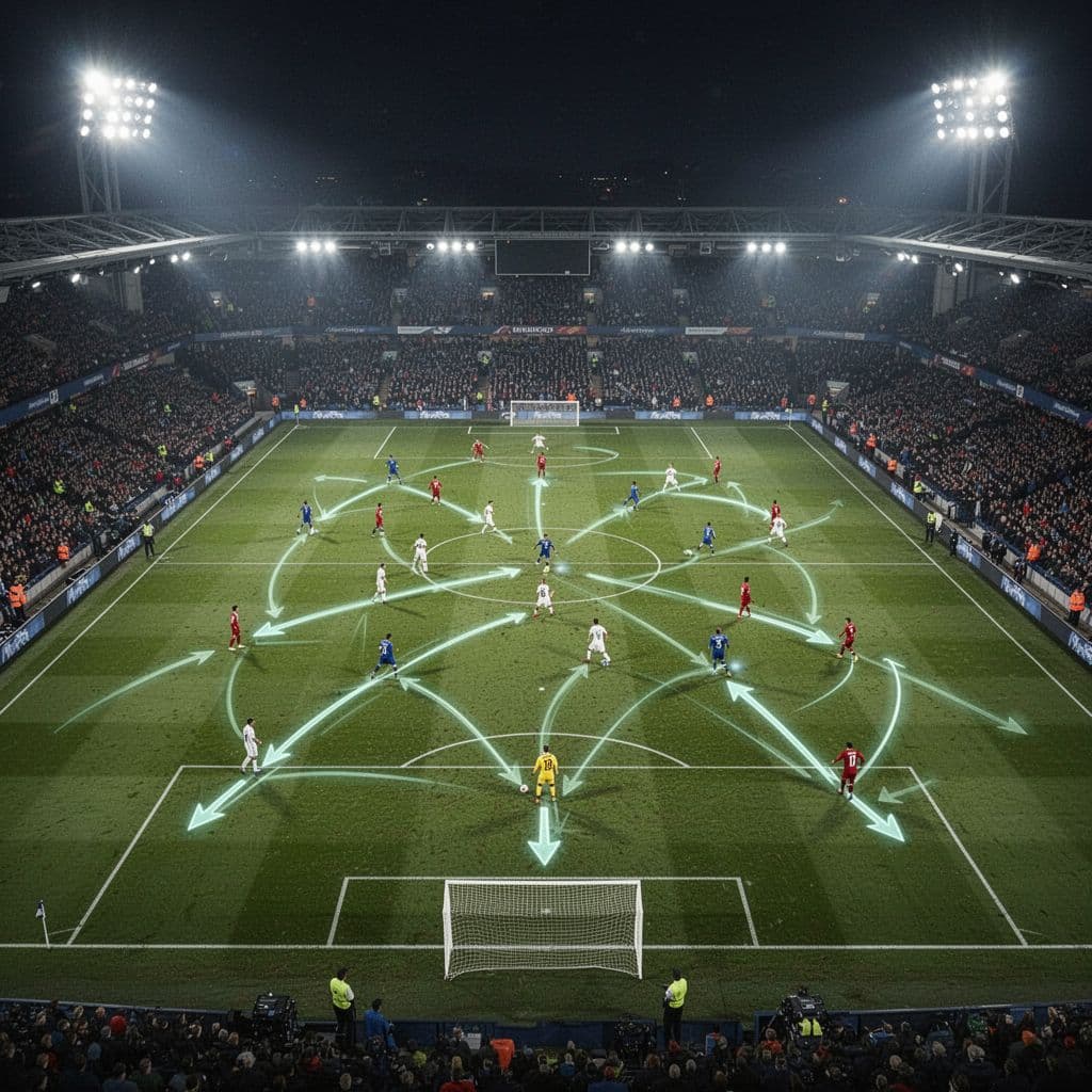 A high-angle view of a illuminated football pitch featuring digital movement arrows and player position markers.