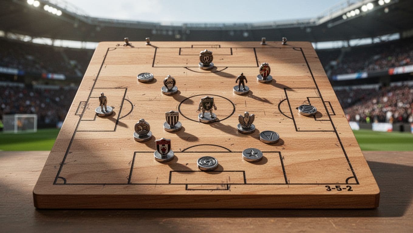Tactical board shows 3-5-2 formation markers with stadium background.