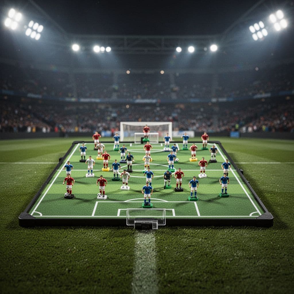A magnetic tactics board placed on a pitch with blurred stadium lights in the background.