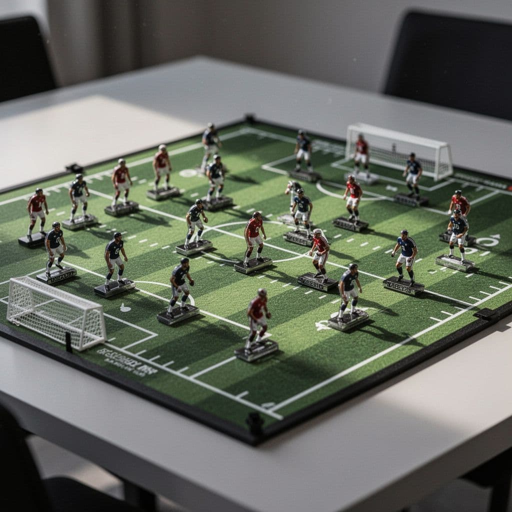 A close-up view of a magnetic coaching board displaying football player formations on a pitch layout.