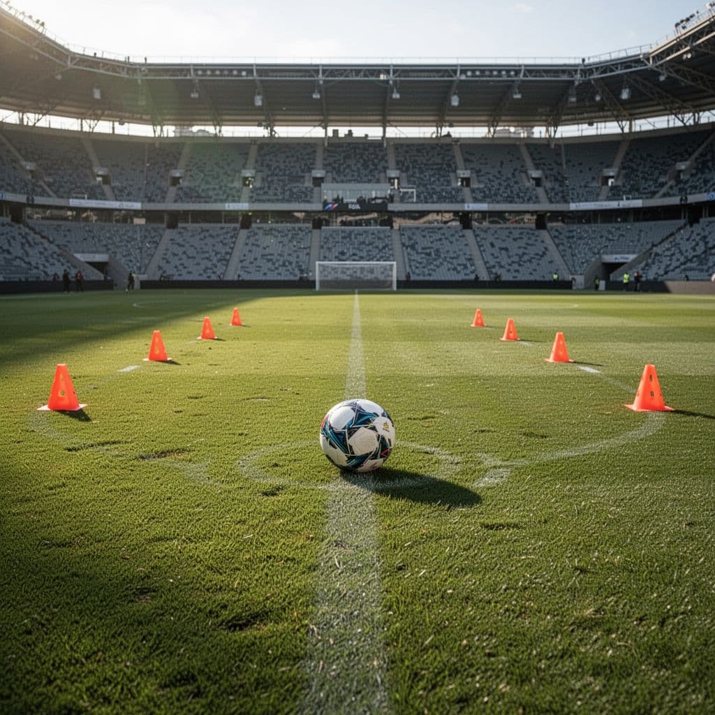 Empty lush green stadium field with cones arranged for tactical positioning and one football in center.