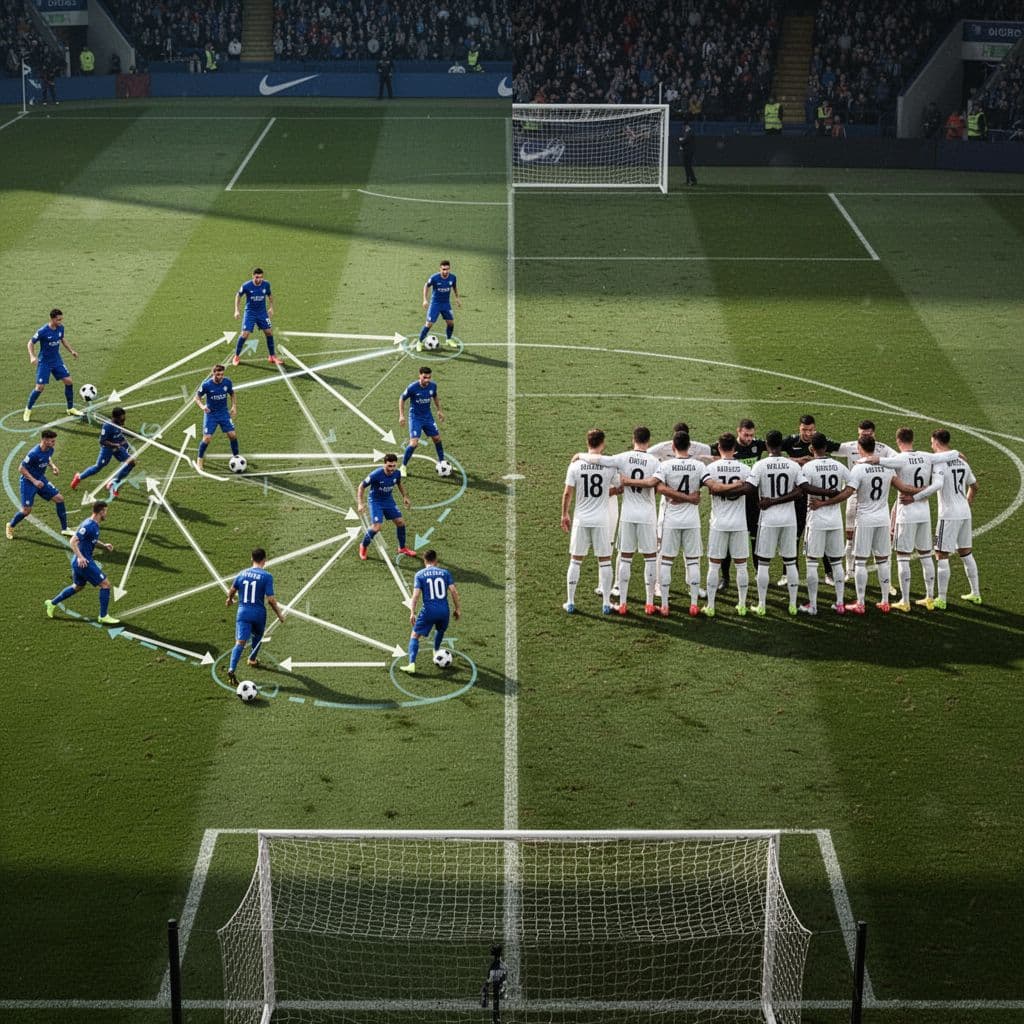 A split football field depicts structured blue-clad athletes executing passing triangles on the left, while white-clad defenders form a rigid, compact defensive wall in front of the goal on the right side.