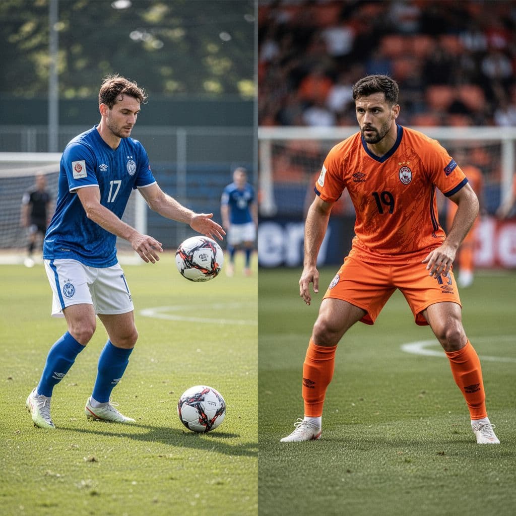 A split-screen composition contrasts two football phases, featuring a blue-jersey player executing a calm pass on a sunny pitch alongside an orange-jersey defender holding a focused and compact defensive stance.