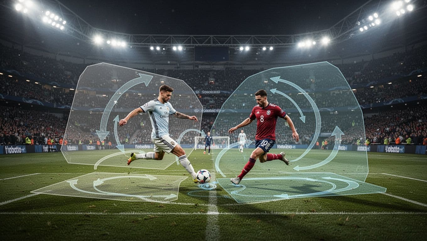 Transparent data visualization graphics showing player movement paths and heat maps are layered over a professional soccer match on a grassy field. The scene captures an intense moment of competitive play.