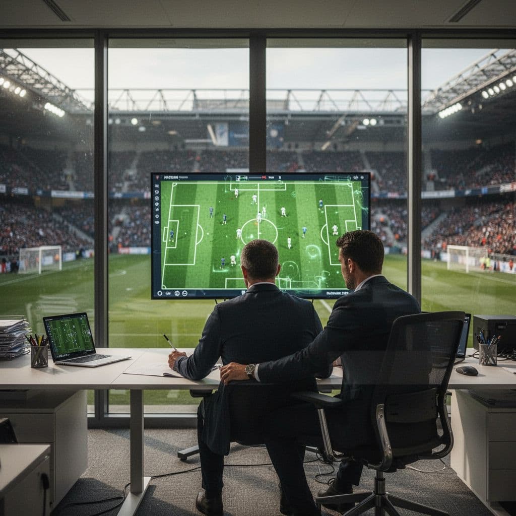 A focused professional analyst examines complex tactical data on a large digital screen inside a stadium office. Through the glass window, the vast green pitch is visible in the background.