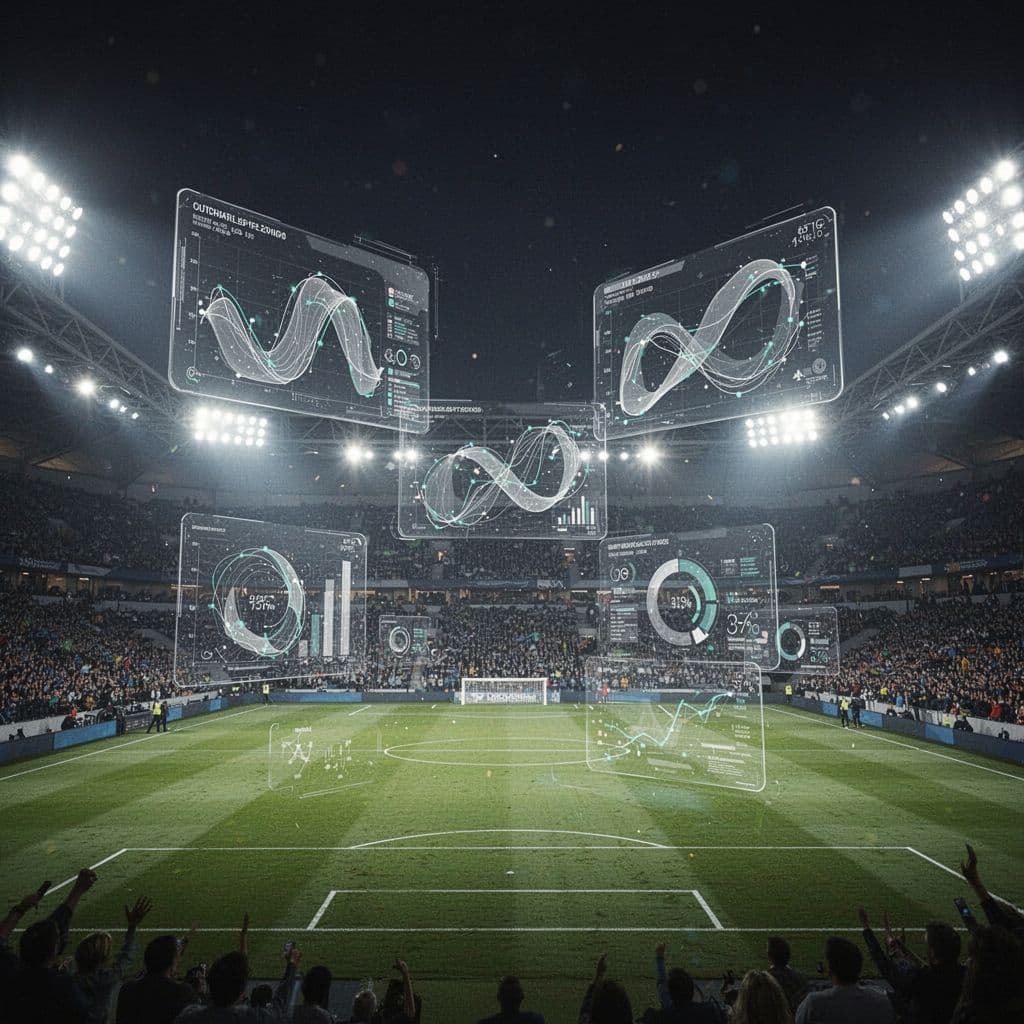 Football tactical data graphics float above a glowing night stadium pitch.