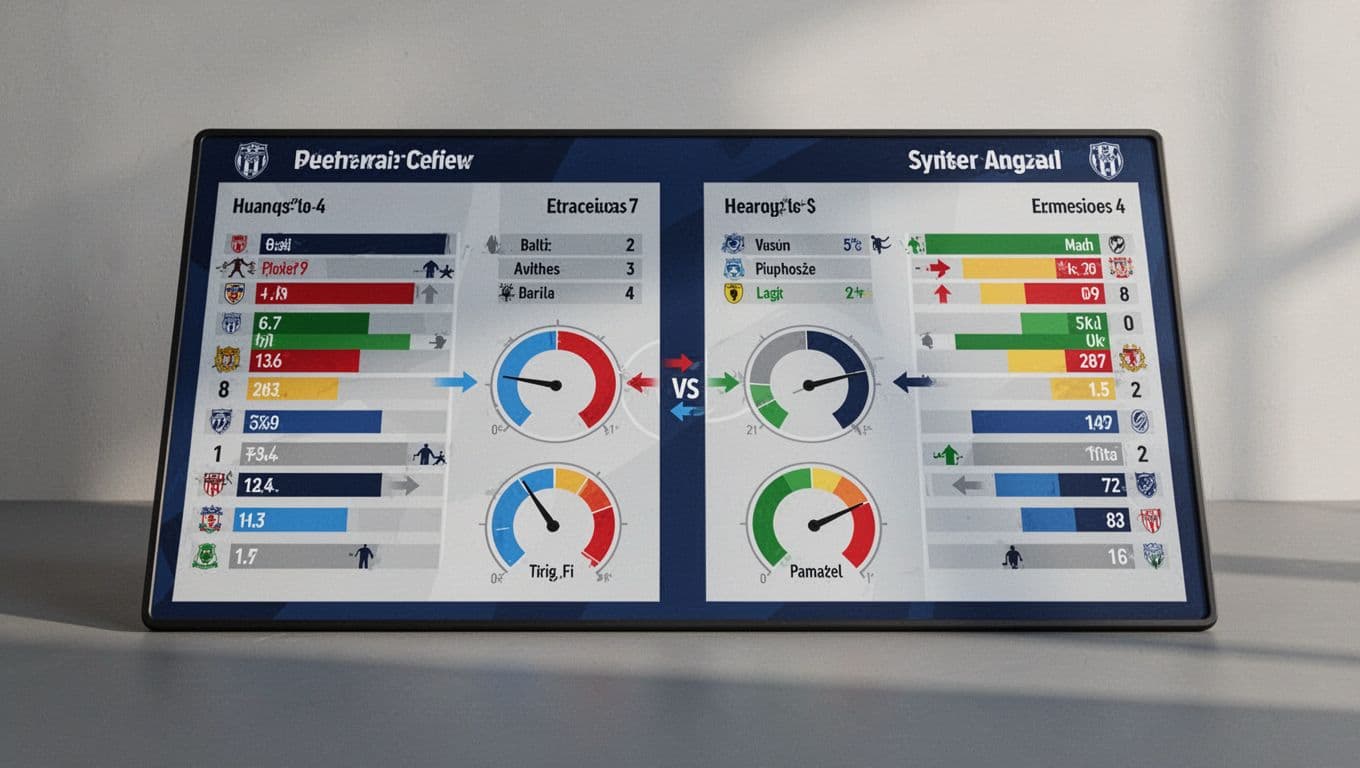 A vibrant tactical board displays side-by-side performance metrics for two competing football teams. Bright bar charts and circular graphs illustrate possession and passing accuracy against a clean, professional dark green backdrop.