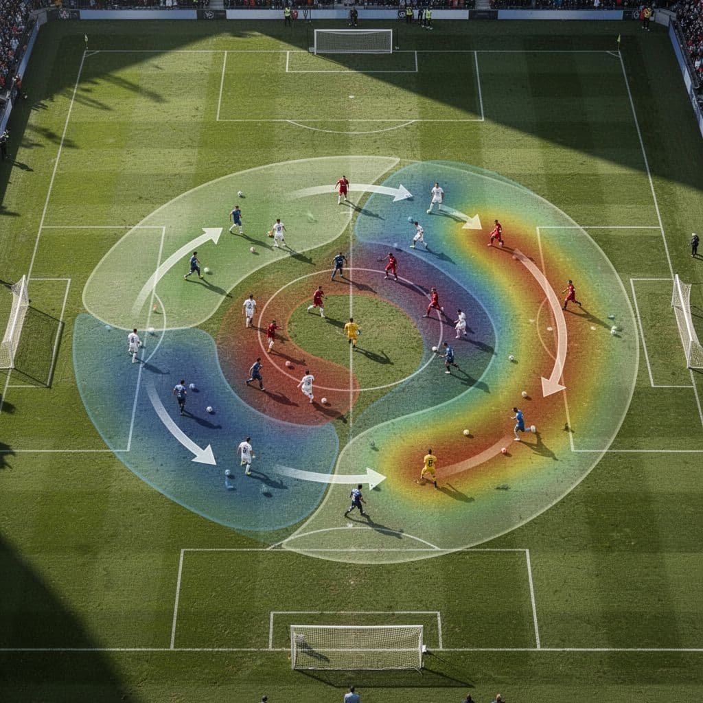 A minimalist overhead view of a football pitch overlayed with tactical performance statistics.