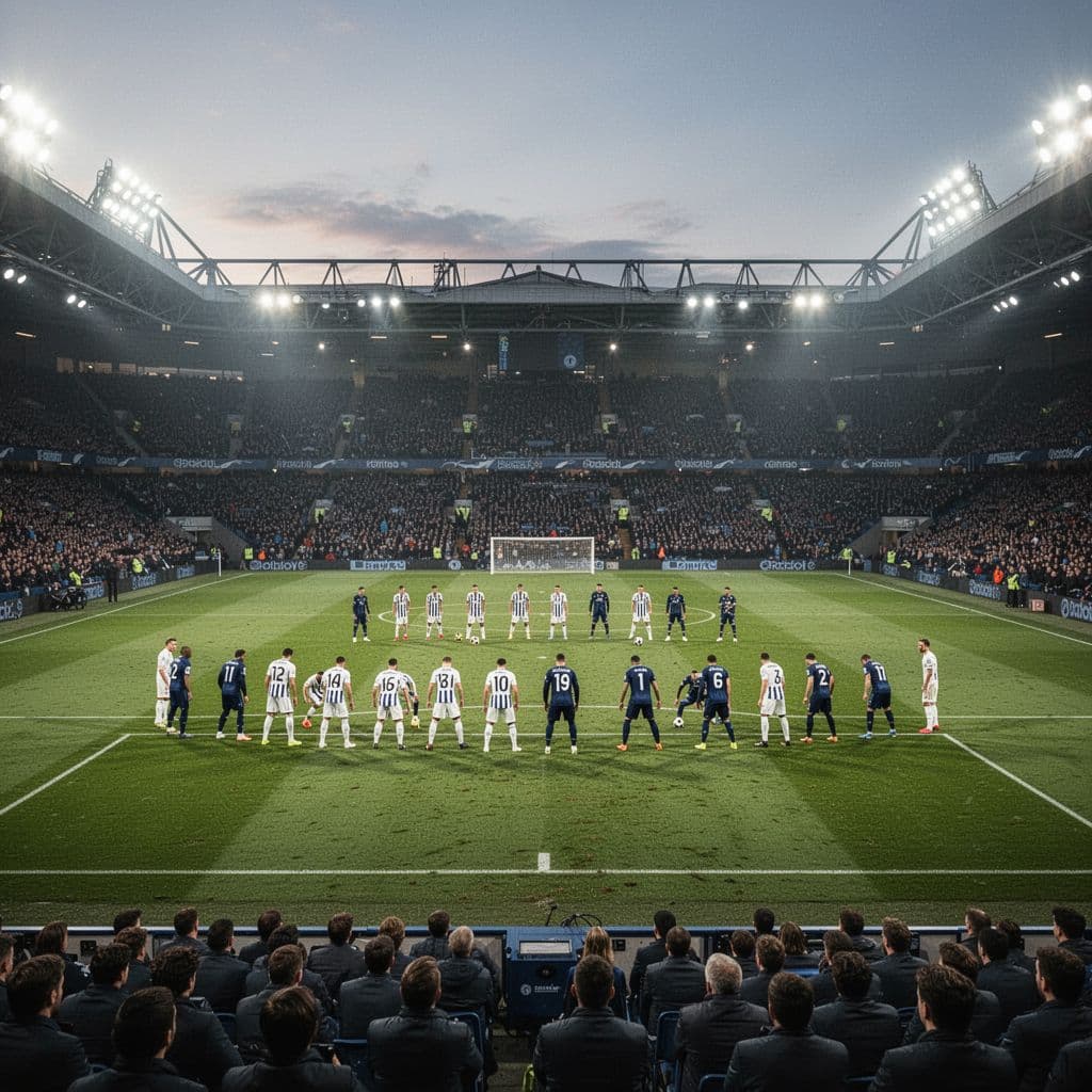 Players in professional kits maintain a tight defensive structure on the grass pitch during an evening match. Glowing stadium floodlights illuminate the vibrant green field under a clear night sky.
