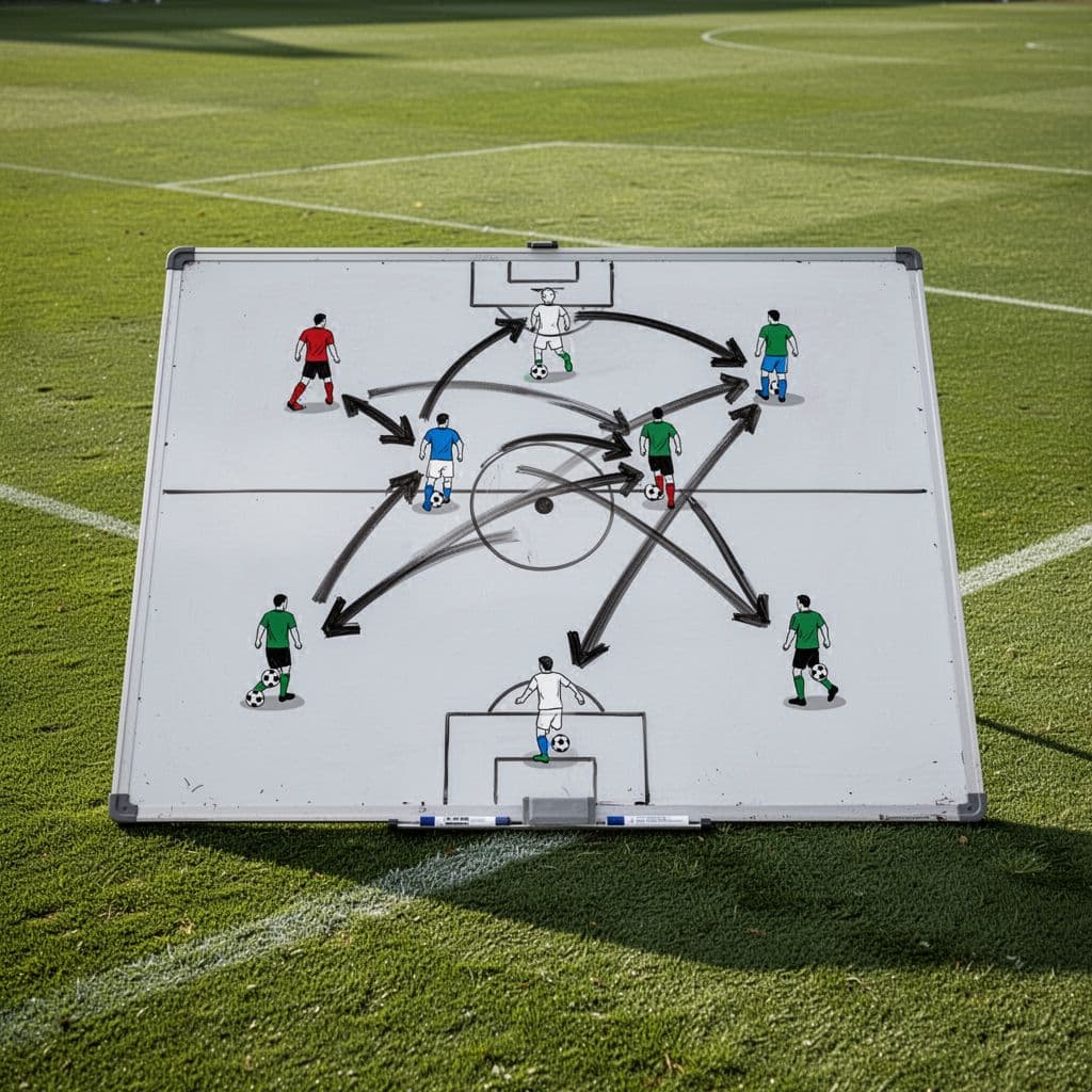 A detailed green field layout displays tactical markers and strategic movement arrows used for professional match analysis. Various geometric symbols represent player positioning to illustrate complex attacking plays on the pitch.