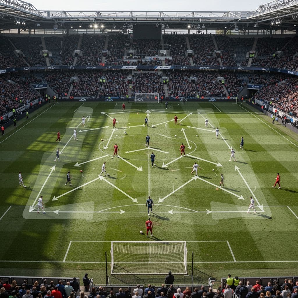 Players move across a vibrant grass pitch while intricate white lines and strategic directional arrows glow above them. This digital formation layout maps out professional team movements during an outdoor training session.
