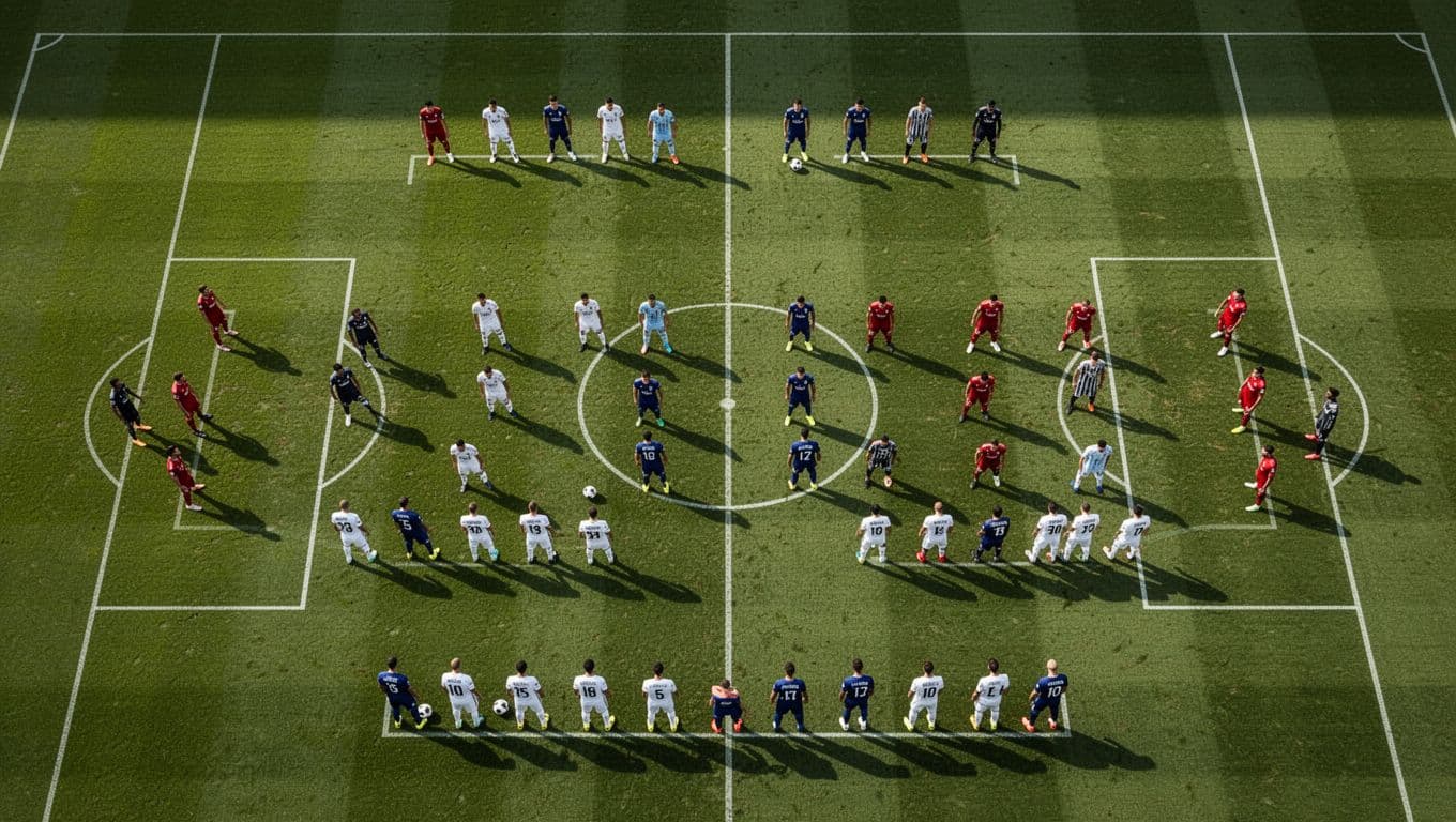 Small circular markers represent player positions arranged in a professional formation across a vivid green grass field. This top-down view illustrates tactical strategy for an upcoming international sports match analysis.
