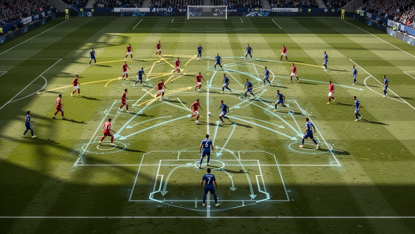 Players in red and blue uniforms compete on a green grass pitch while digital arrows and strategic markers illustrate passing lanes and defensive zones across the high-angle panoramic perspective.