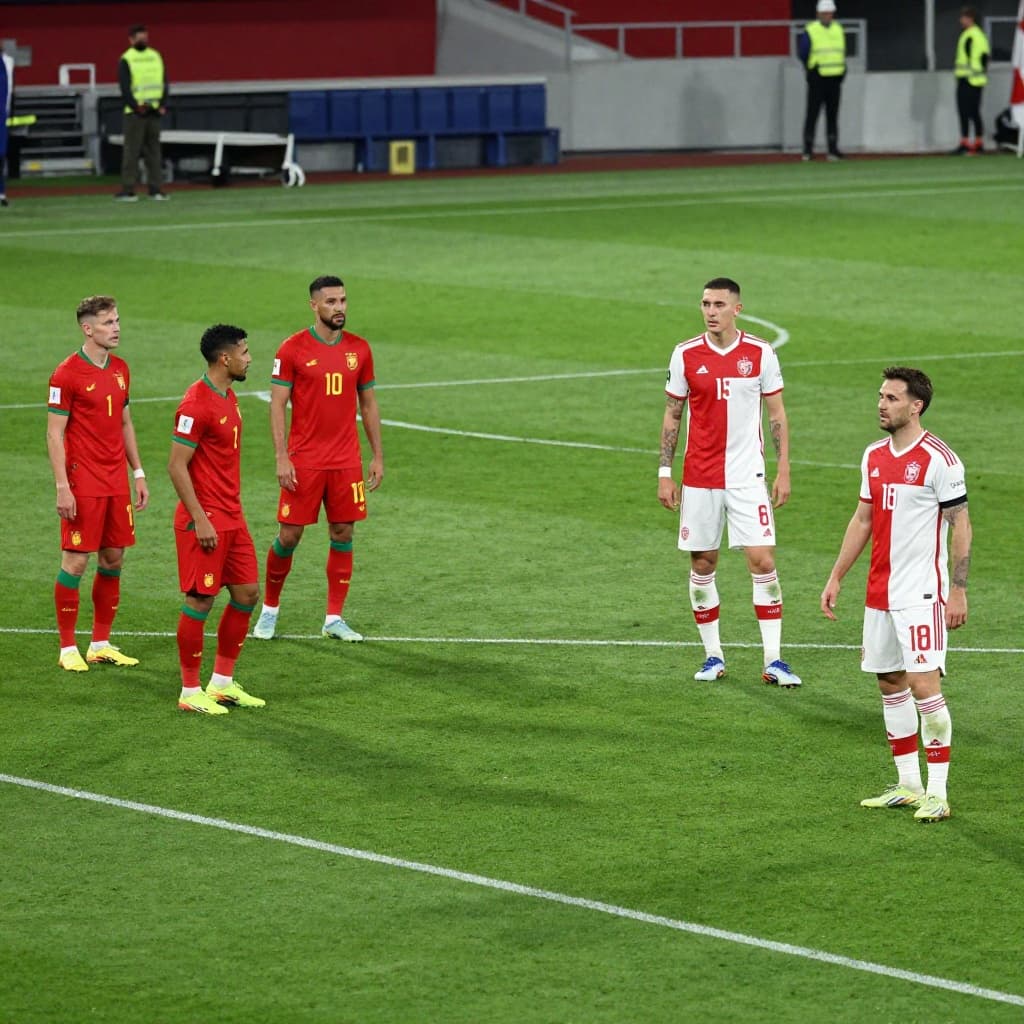Players in red and green kits challenge opponents wearing red and white jerseys on a lush stadium pitch. The wide angle capture highlights the intense tactical competition between two distinct styles.