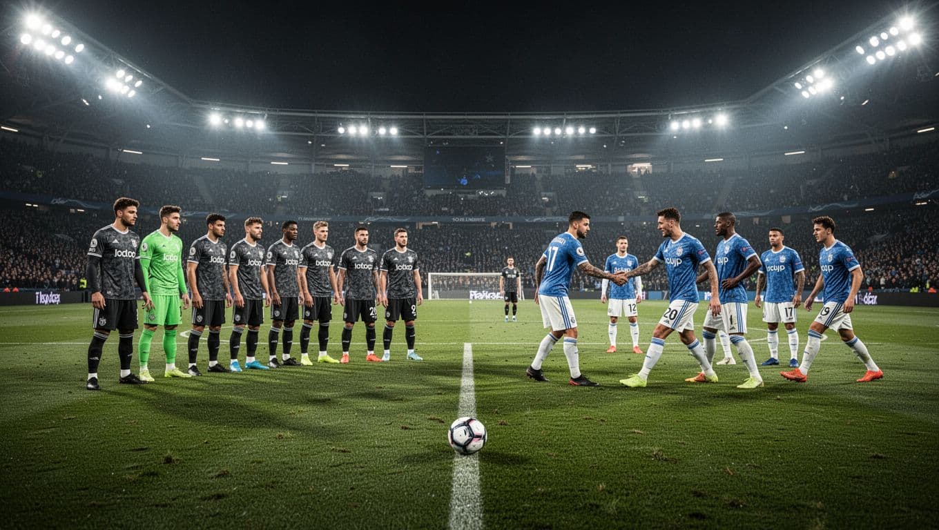 Players in colorful jerseys engage in a strategic match under bright stadium floodlights. A lone football sits on the vibrant green grass as defensive lines face an organized midfield attacking unit.