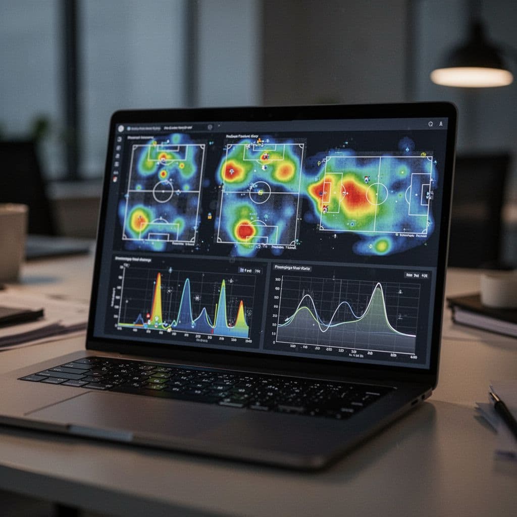 A close-up view of a computer monitor displays detailed soccer tactical charts, heat maps, and performance metrics. The screen glows within a dim, professional office setting dedicated to match strategy.