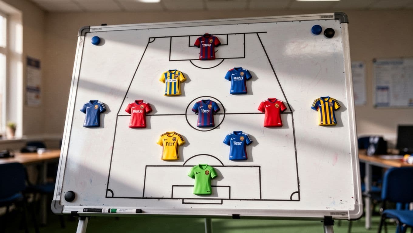 A close-up view of a sports tactics whiteboard featuring colorful magnets arranged in a team formation.