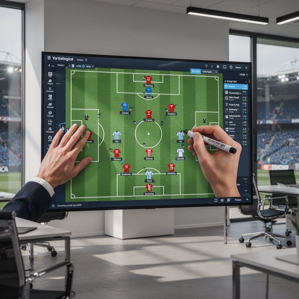 A sharp digital whiteboard displays strategic football player formations in a professional stadium office. A human hand holding a marker prepares to draw tactical movements across the sleek, illuminated screen surface.
