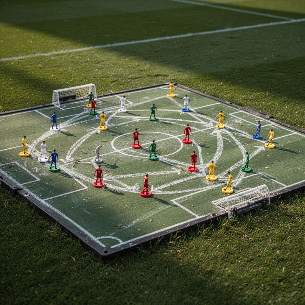 A close-up view of a professional magnetic tactics board featuring strategic marker placements. The background shows blurred green grass, highlighting the intense analytical preparation for a high-stakes competitive soccer match.
