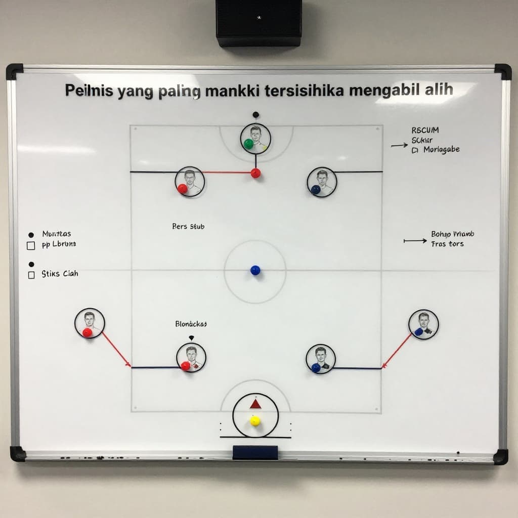 A whiteboard in a locker room displays strategic football formations and player movement patterns.