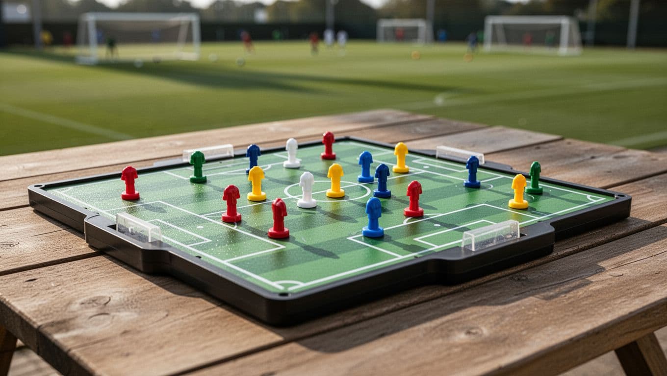 Close-up of magnetic tactics board on wooden table with colorful player magnets and blurred training ground.