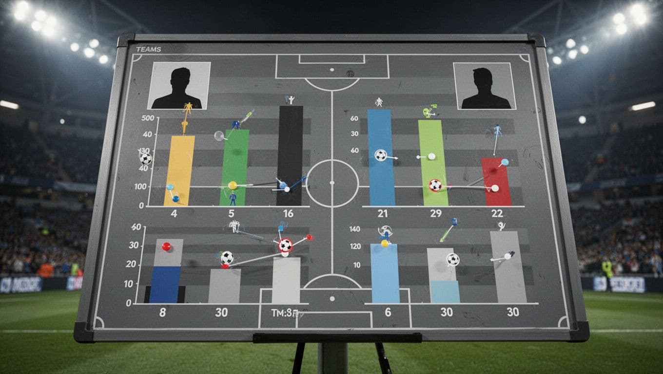 A digital screen showcases competitive football match statistics through sleek bar charts and defensive ratings. Two generic team icons stand out against a blurred stadium background with soft, ambient lighting effects.