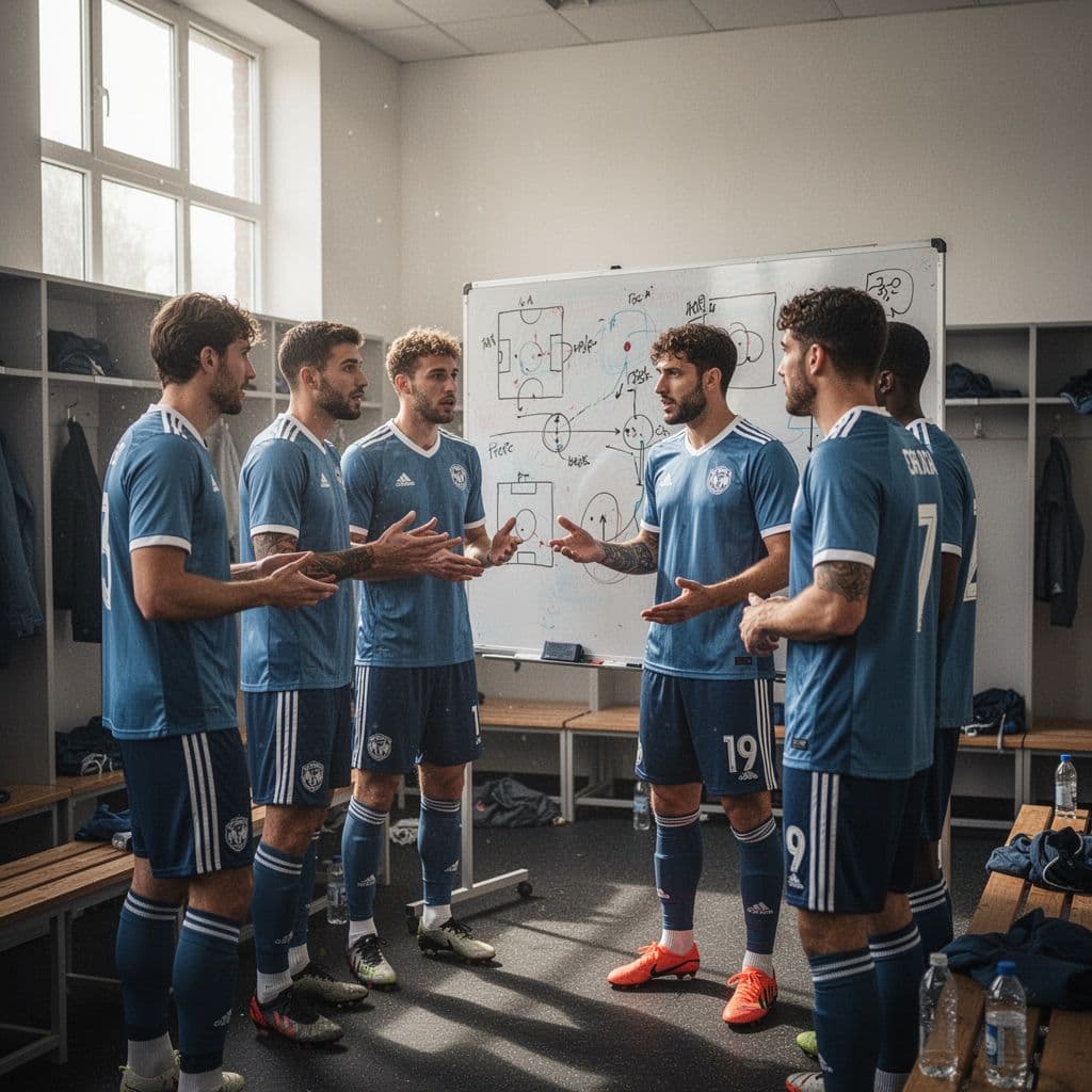 Soccer players gather in a locker room to analyze strategies on a tactical whiteboard.