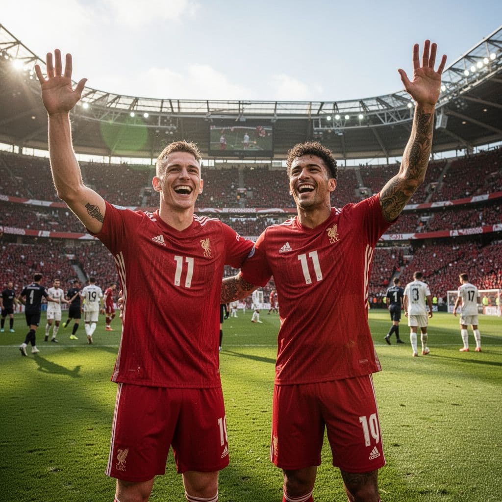 A group of football players in red jerseys celebrate a win together on a sunny pitch.